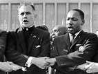 Hesburgh with Martin Luther King, Jr., at a 1964 Civil Rights rally in Chicago. Hesburgh served on the Civil Rights Commission from its inception in 1952 until 1972.